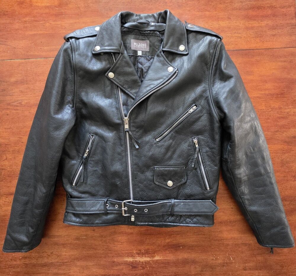 Vintage Wilsons Leather Medium Motorcycle Jacket Heavy Biker Zipper Belted